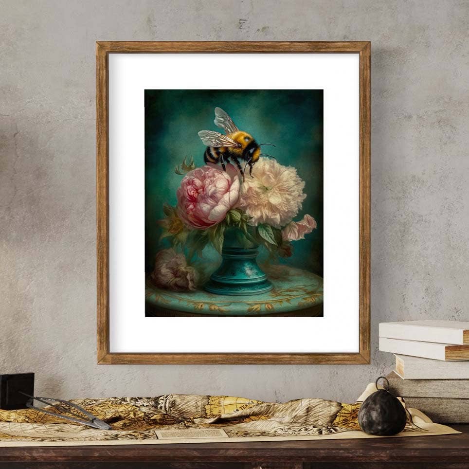 Salty Alyce - Bee and Pink Peonies Still Life Wall Art RA38