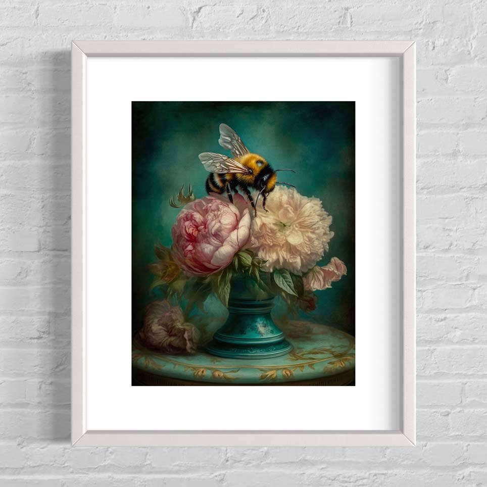 Salty Alyce - Bee and Pink Peonies Still Life Wall Art RA38