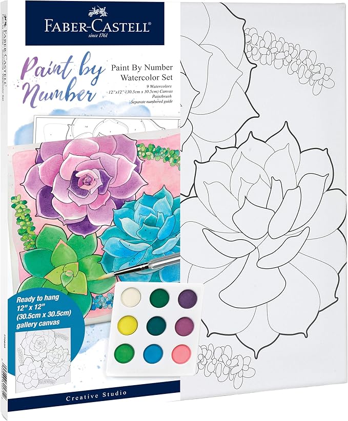 Faber-Castell Watercolor Paint by Number, Succulents - Adult Paint by Number Kit on Canvas