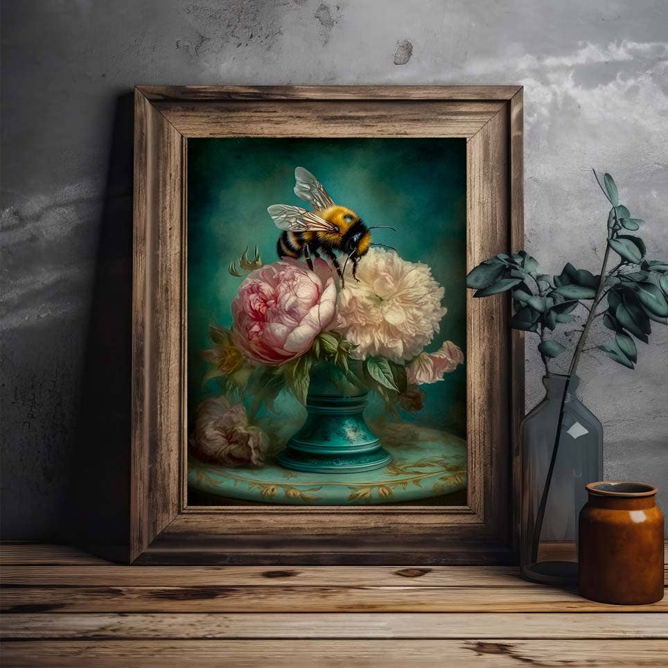 Salty Alyce - Bee and Pink Peonies Still Life Wall Art RA38